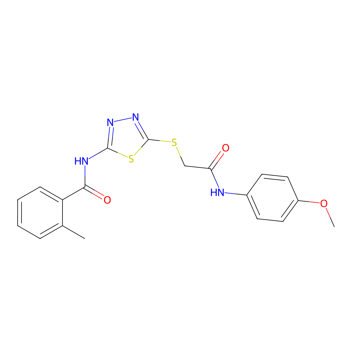 N-(5-((2-((4-methoxyphenyl)amino)-2-oxoethyl)thio)-1,3,4-thiadiazol-2-yl)-2-methylbenzamide molecular structure, CAS 392293-64-0