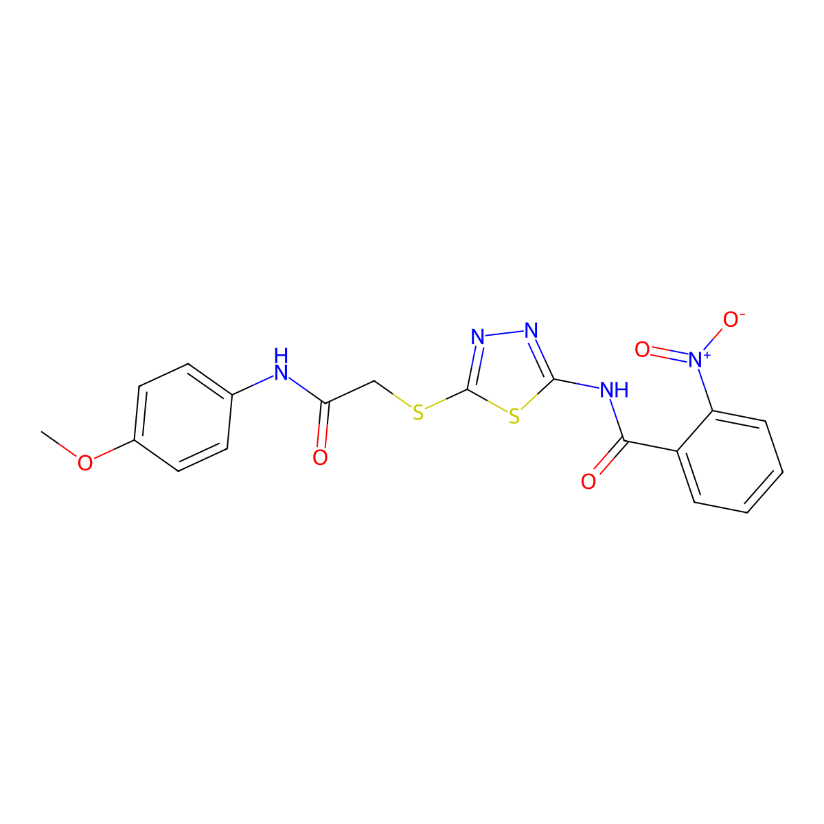 N-(5-((2-((4-methoxyphenyl)amino)-2-oxoethyl)thio)-1,3,4-thiadiazol-2-yl)-2-nitrobenzamide molecular structure, CAS 392293-76-4