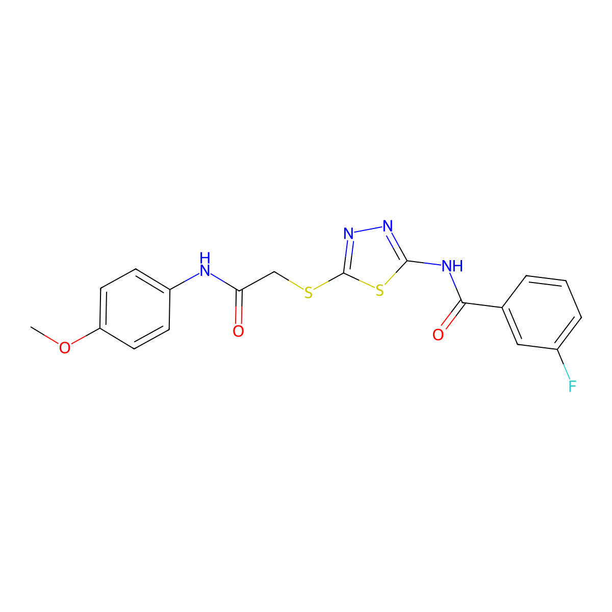 3-fluoro-N-[5-[2-(4-methoxyanilino)-2-oxoethyl]sulfanyl-1,3,4-thiadiazol-2-yl]benzamide molecular structure, CAS 392293-80-0