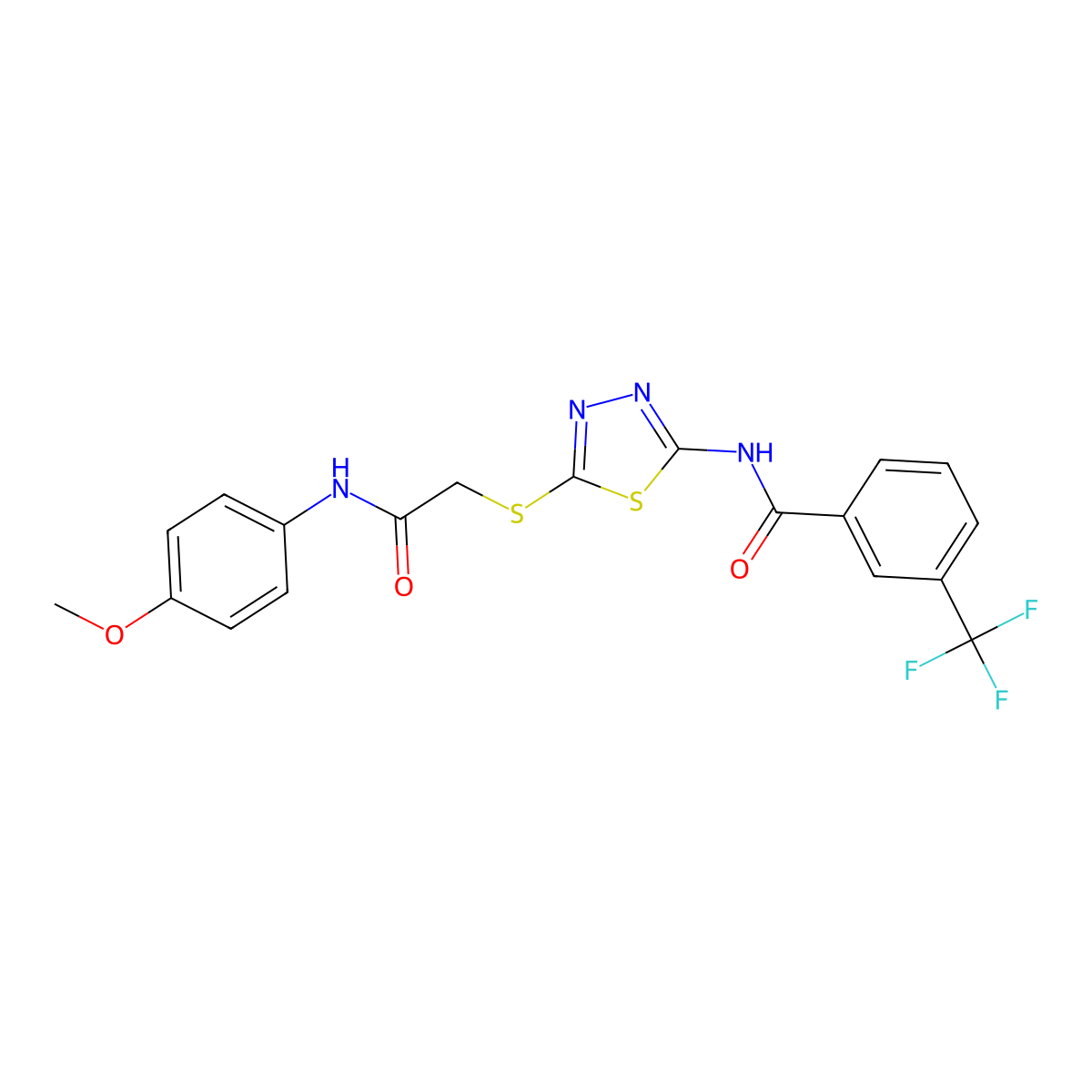 N-(5-((2-((4-methoxyphenyl)amino)-2-oxoethyl)thio)-1,3,4-thiadiazol-2-yl)-3-(trifluoromethyl)benzamide molecular structure, CAS 392293-82-2