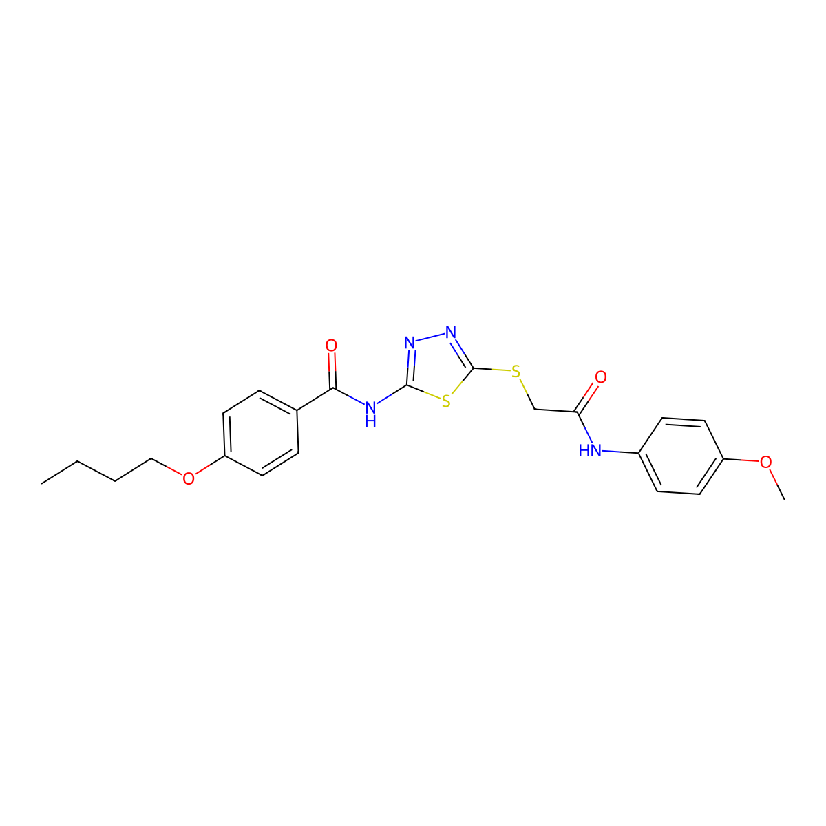 4-butoxy-N-(5-((2-((4-methoxyphenyl)amino)-2-oxoethyl)thio)-1,3,4-thiadiazol-2-yl)benzamide molecular structure, CAS 392293-86-6