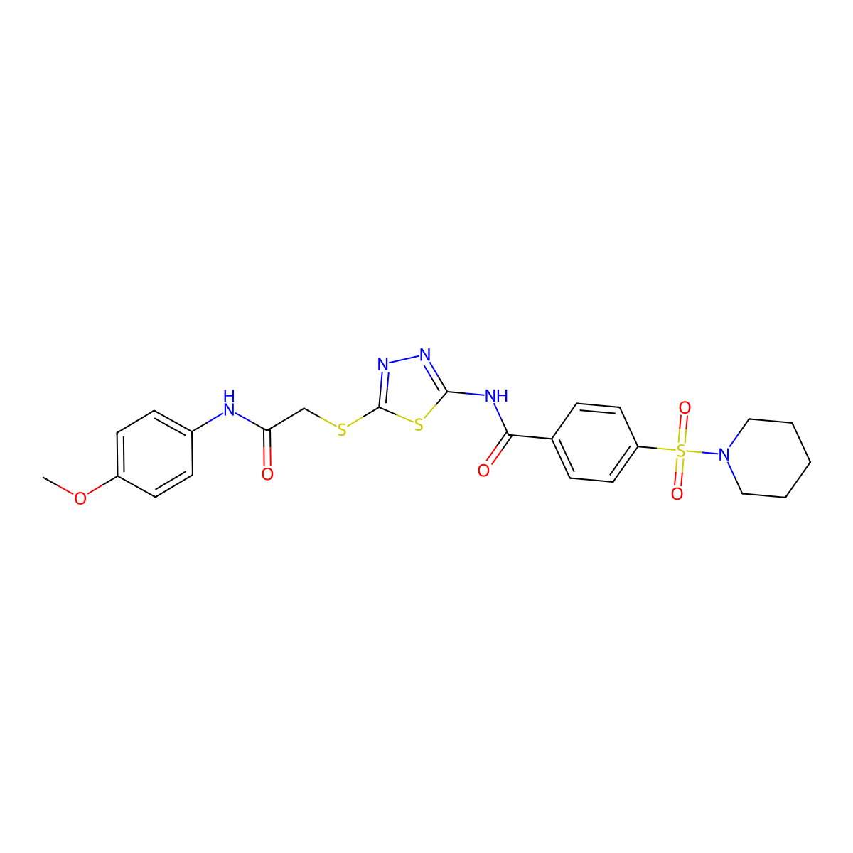 N-(5-((2-((4-methoxyphenyl)amino)-2-oxoethyl)thio)-1,3,4-thiadiazol-2-yl)-4-(piperidin-1-ylsulfonyl)benzamide molecular structure, CAS 392294-06-3