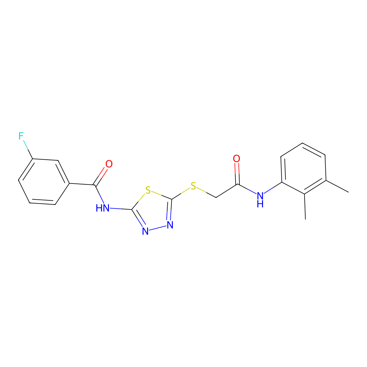 N-(5-((2-((2,3-dimethylphenyl)amino)-2-oxoethyl)thio)-1,3,4-thiadiazol-2-yl)-3-fluorobenzamide molecular structure, CAS 392294-47-2