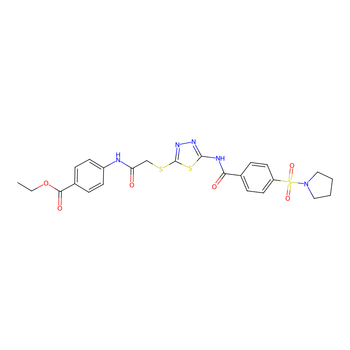 Ethyl 4-(2-((5-(4-(pyrrolidin-1-ylsulfonyl)benzamido)-1,3,4-thiadiazol-2-yl)thio)acetamido)benzoate molecular structure, CAS 392294-75-6
