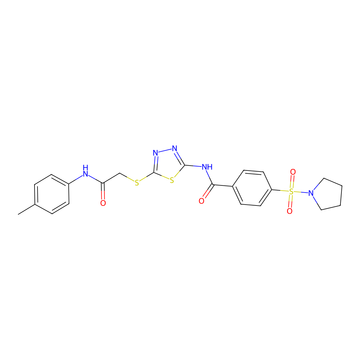 N-(5-((2-oxo-2-(p-tolylamino)ethyl)thio)-1,3,4-thiadiazol-2-yl)-4-(pyrrolidin-1-ylsulfonyl)benzamide molecular structure, CAS 392294-76-7