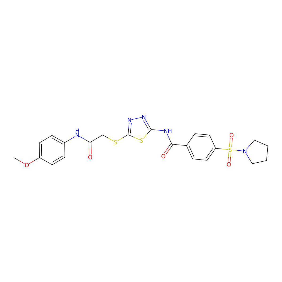 N-(5-((2-((4-methoxyphenyl)amino)-2-oxoethyl)thio)-1,3,4-thiadiazol-2-yl)-4-(pyrrolidin-1-ylsulfonyl)benzamide molecular structure, CAS 392294-78-9