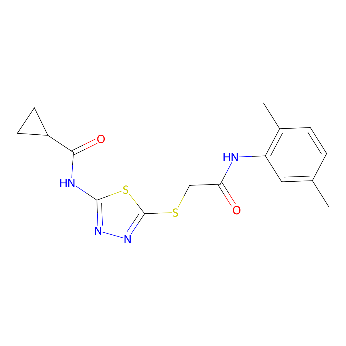 N-(5-((2-((2,5-dimethylphenyl)amino)-2-oxoethyl)thio)-1,3,4-thiadiazol-2-yl)cyclopropanecarboxamide molecular structure, CAS 392294-93-8
