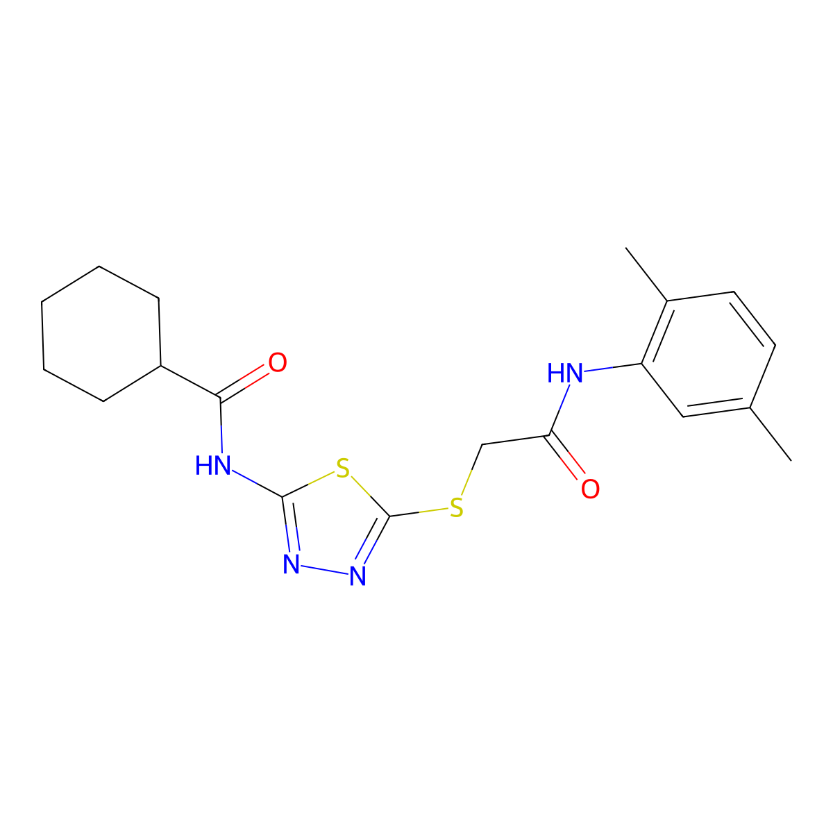 N-(5-((2-((2,5-dimethylphenyl)amino)-2-oxoethyl)thio)-1,3,4-thiadiazol-2-yl)cyclohexanecarboxamide molecular structure, CAS 392294-97-2