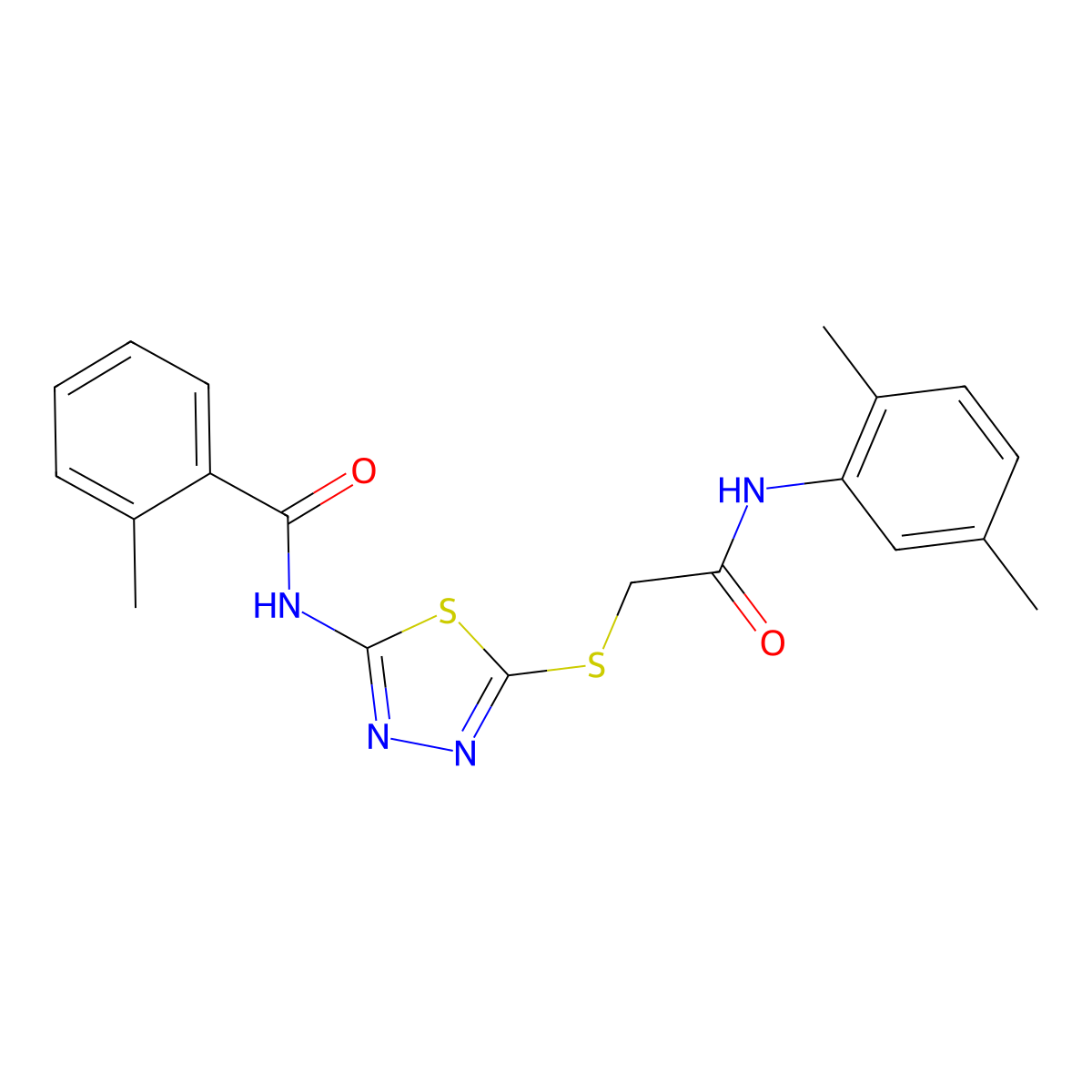 N-[5-[2-(2,5-dimethylanilino)-2-oxoethyl]sulfanyl-1,3,4-thiadiazol-2-yl]-2-methylbenzamide molecular structure, CAS 392294-99-4