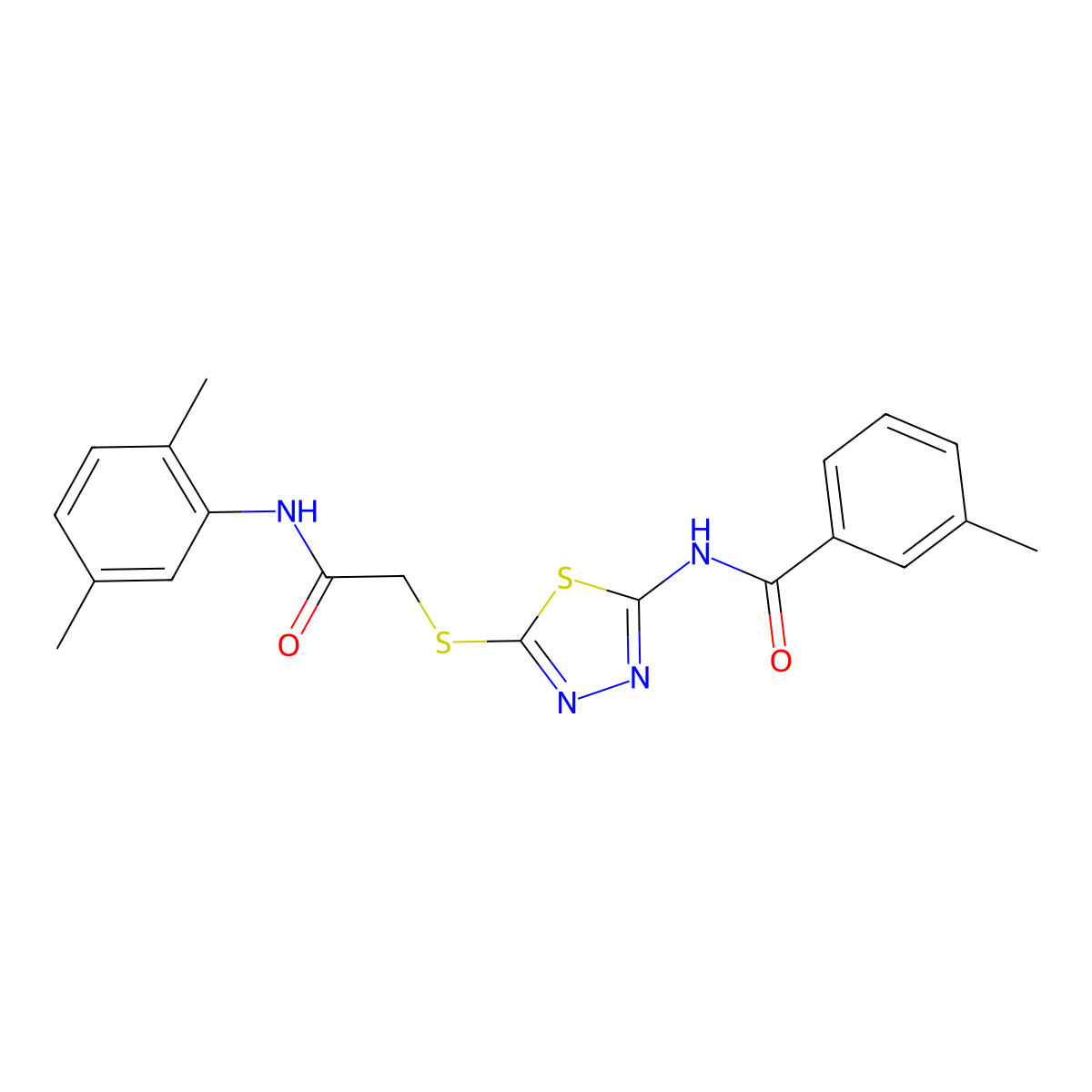 N-(5-((2-((2,5-dimethylphenyl)amino)-2-oxoethyl)thio)-1,3,4-thiadiazol-2-yl)-3-methylbenzamide molecular structure, CAS 392295-00-0