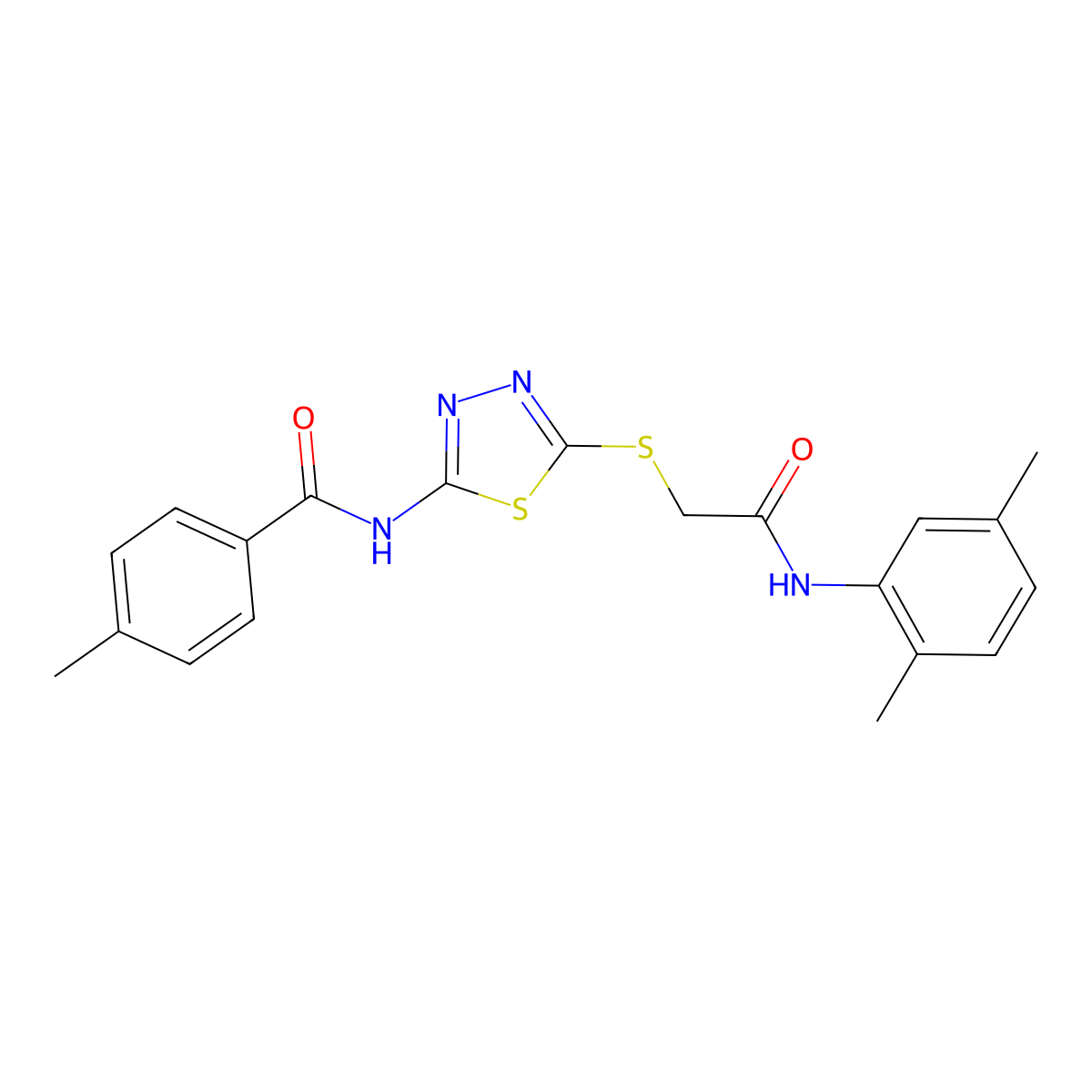 N-(5-((2-((2,5-dimethylphenyl)amino)-2-oxoethyl)thio)-1,3,4-thiadiazol-2-yl)-4-methylbenzamide molecular structure, CAS 392295-01-1