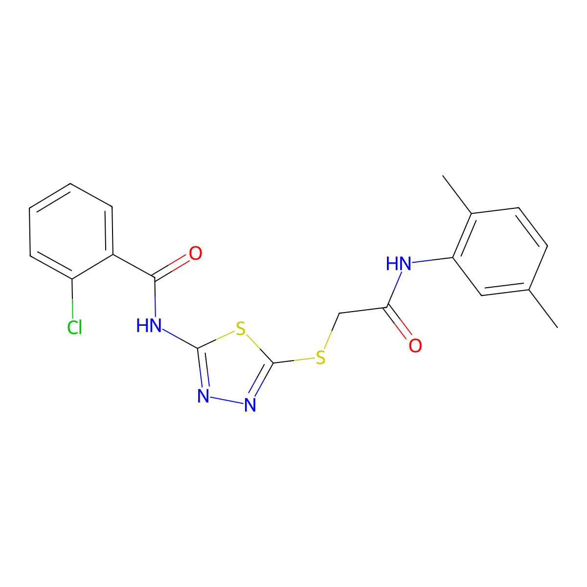 2-chloro-N-(5-((2-((2,5-dimethylphenyl)amino)-2-oxoethyl)thio)-1,3,4-thiadiazol-2-yl)benzamide molecular structure, CAS 392295-04-4