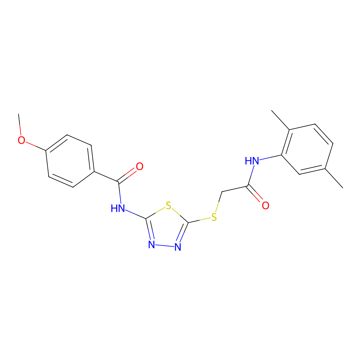 N-(5-((2-((2,5-dimethylphenyl)amino)-2-oxoethyl)thio)-1,3,4-thiadiazol-2-yl)-4-methoxybenzamide molecular structure, CAS 392295-10-2