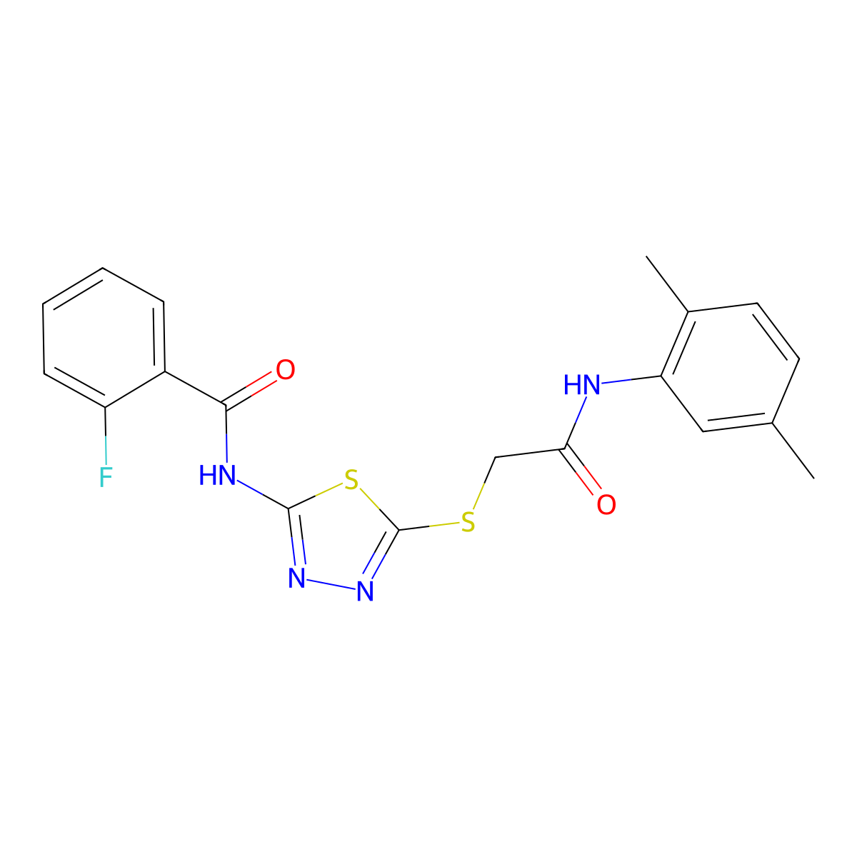 N-[5-[2-(2,5-dimethylanilino)-2-oxoethyl]sulfanyl-1,3,4-thiadiazol-2-yl]-2-fluorobenzamide molecular structure, CAS 392295-14-6