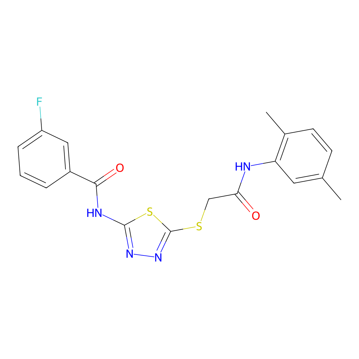 N-[5-[2-(2,5-dimethylanilino)-2-oxoethyl]sulfanyl-1,3,4-thiadiazol-2-yl]-3-fluorobenzamide molecular structure, CAS 392295-15-7