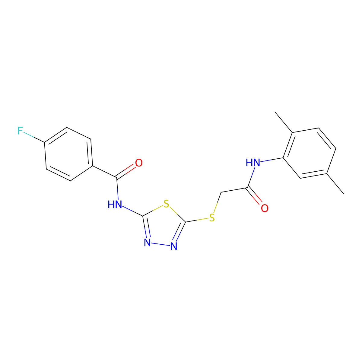 N-(5-((2-((2,5-dimethylphenyl)amino)-2-oxoethyl)thio)-1,3,4-thiadiazol-2-yl)-4-fluorobenzamide molecular structure, CAS 392295-16-8