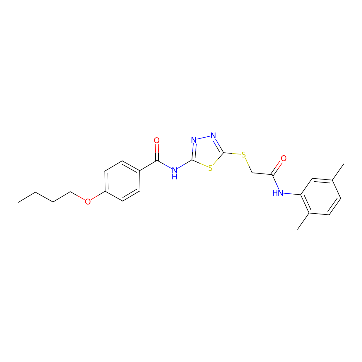 4-butoxy-N-(5-((2-((2,5-dimethylphenyl)amino)-2-oxoethyl)thio)-1,3,4-thiadiazol-2-yl)benzamide molecular structure, CAS 392295-20-4