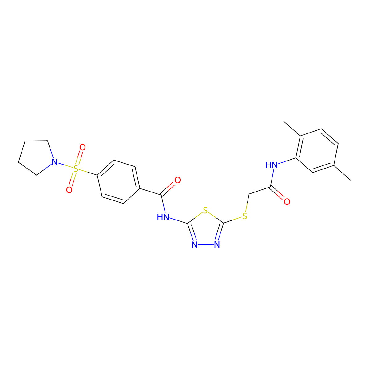 N-(5-((2-((2,5-dimethylphenyl)amino)-2-oxoethyl)thio)-1,3,4-thiadiazol-2-yl)-4-(pyrrolidin-1-ylsulfonyl)benzamide molecular structure, CAS 392295-42-0