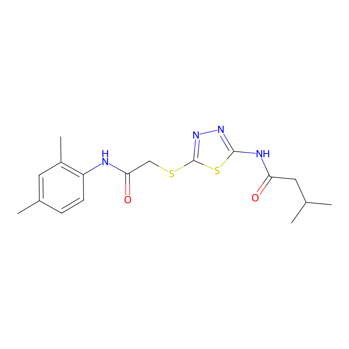 N-(5-((2-((2,4-dimethylphenyl)amino)-2-oxoethyl)thio)-1,3,4-thiadiazol-2-yl)-3-methylbutanamide molecular structure, CAS 392295-50-0