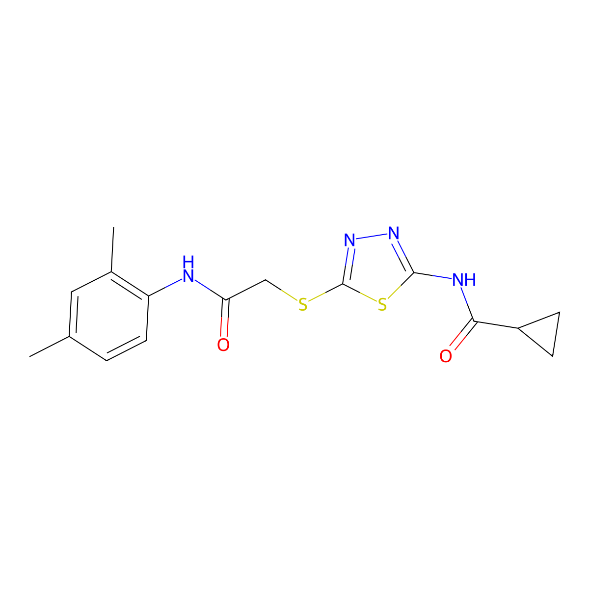 N-(5-((2-((2,4-dimethylphenyl)amino)-2-oxoethyl)thio)-1,3,4-thiadiazol-2-yl)cyclopropanecarboxamide molecular structure, CAS 392295-57-7
