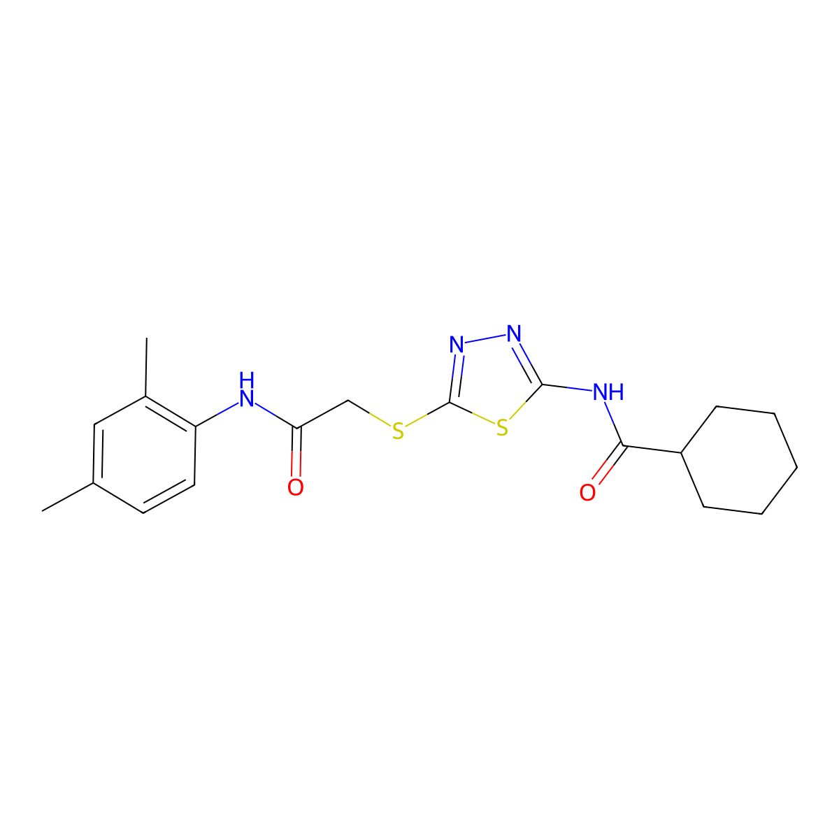 N-[5-[2-(2,4-dimethylanilino)-2-oxoethyl]sulfanyl-1,3,4-thiadiazol-2-yl]cyclohexanecarboxamide molecular structure, CAS 392295-61-3