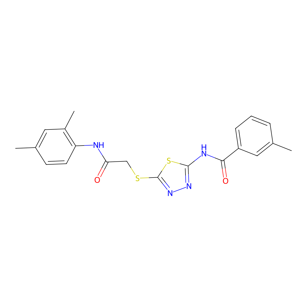 N-[5-[2-(2,4-dimethylanilino)-2-oxoethyl]sulfanyl-1,3,4-thiadiazol-2-yl]-3-methylbenzamide molecular structure, CAS 392295-64-6