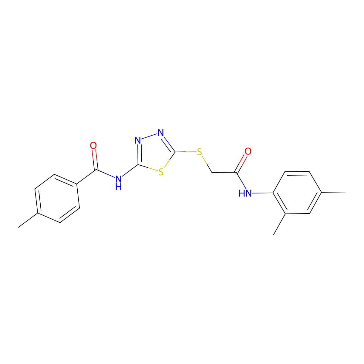 N-[5-[2-(2,4-dimethylanilino)-2-oxoethyl]sulfanyl-1,3,4-thiadiazol-2-yl]-4-methylbenzamide molecular structure, CAS 392295-65-7