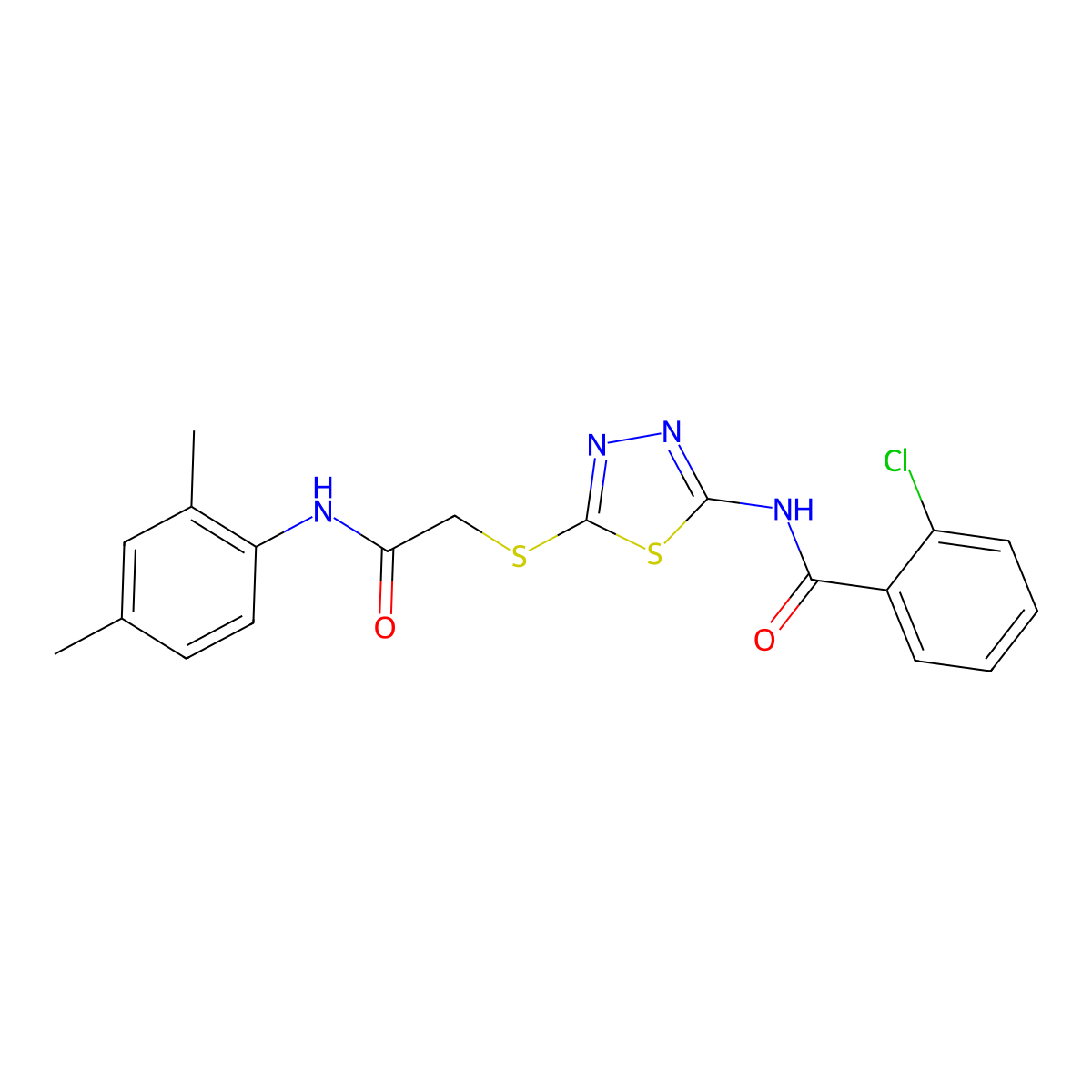 2-chloro-N-(5-((2-((2,4-dimethylphenyl)amino)-2-oxoethyl)thio)-1,3,4-thiadiazol-2-yl)benzamide molecular structure, CAS 392295-68-0