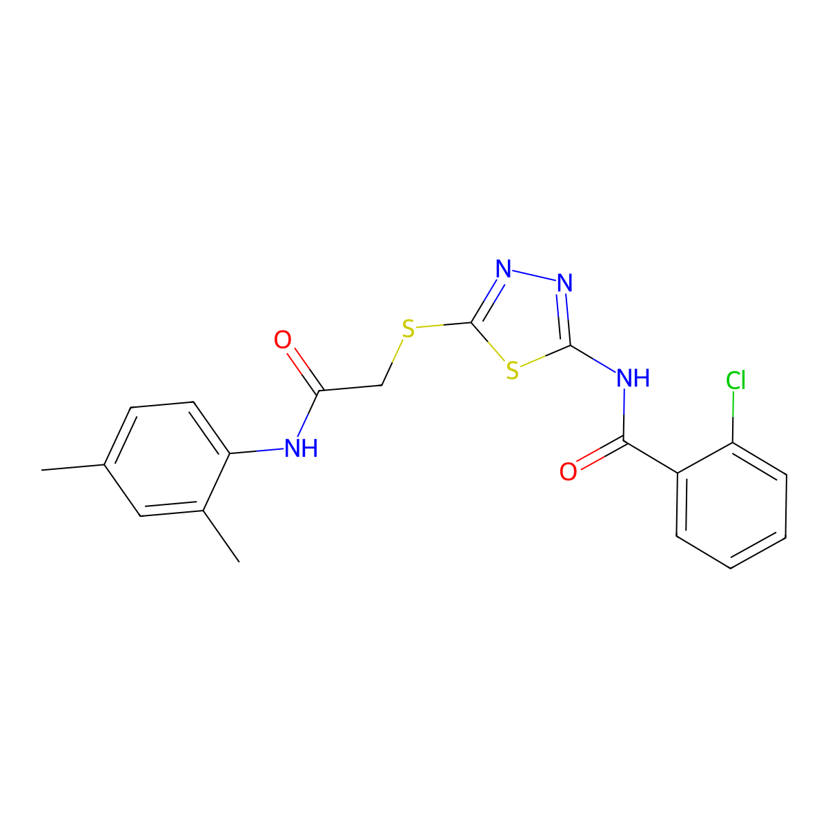 2-chloro-N-(5-((2-((2,4-dimethylphenyl)amino)-2-oxoethyl)thio)-1,3,4-thiadiazol-2-yl)benzamide molecular structure, CAS 392295-68-0