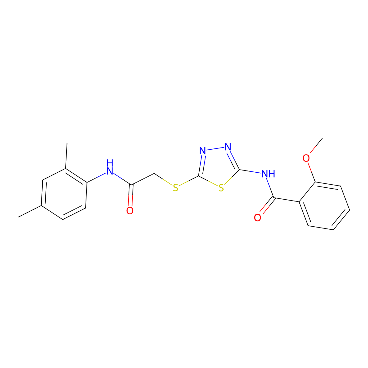 N-(5-((2-((2,4-dimethylphenyl)amino)-2-oxoethyl)thio)-1,3,4-thiadiazol-2-yl)-2-methoxybenzamide molecular structure, CAS 392295-72-6