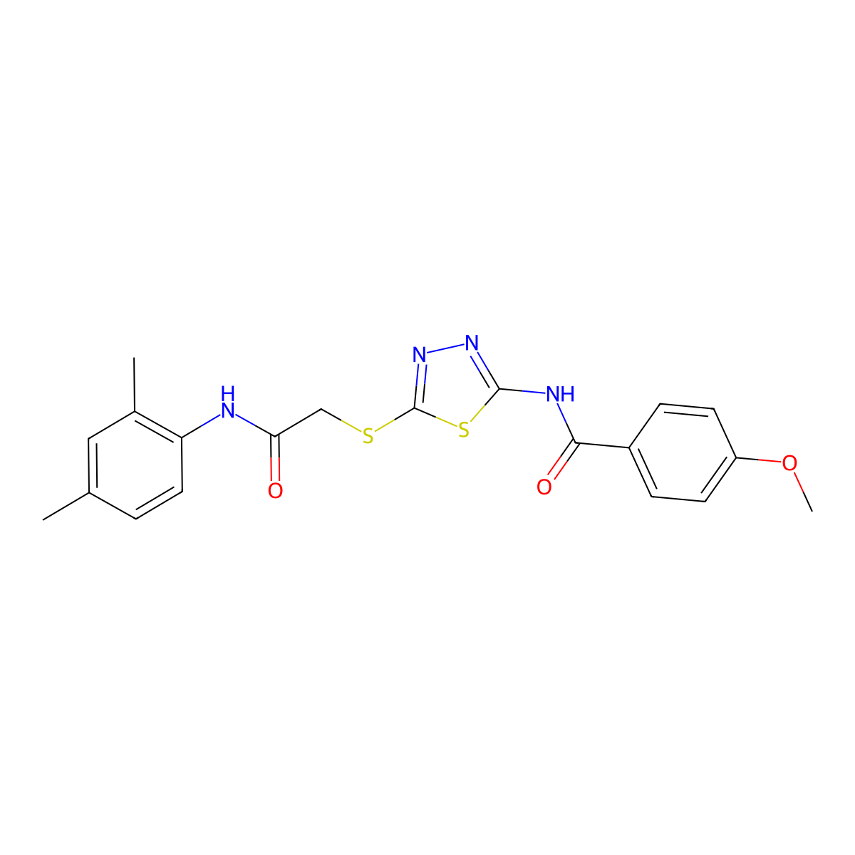 N-(5-((2-((2,4-dimethylphenyl)amino)-2-oxoethyl)thio)-1,3,4-thiadiazol-2-yl)-4-methoxybenzamide molecular structure, CAS 392295-74-8