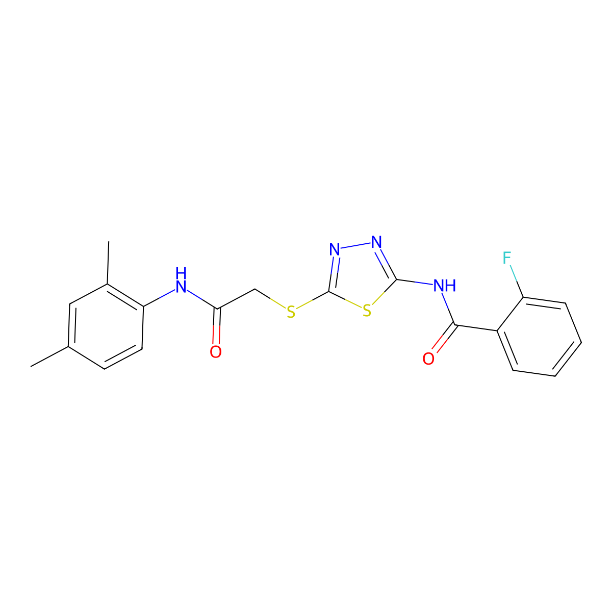 N-[5-[2-(2,4-dimethylanilino)-2-oxoethyl]sulfanyl-1,3,4-thiadiazol-2-yl]-2-fluorobenzamide molecular structure, CAS 392295-78-2
