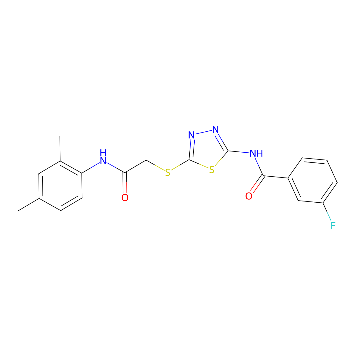 N-[5-[2-(2,4-dimethylanilino)-2-oxoethyl]sulfanyl-1,3,4-thiadiazol-2-yl]-3-fluorobenzamide molecular structure, CAS 392295-79-3