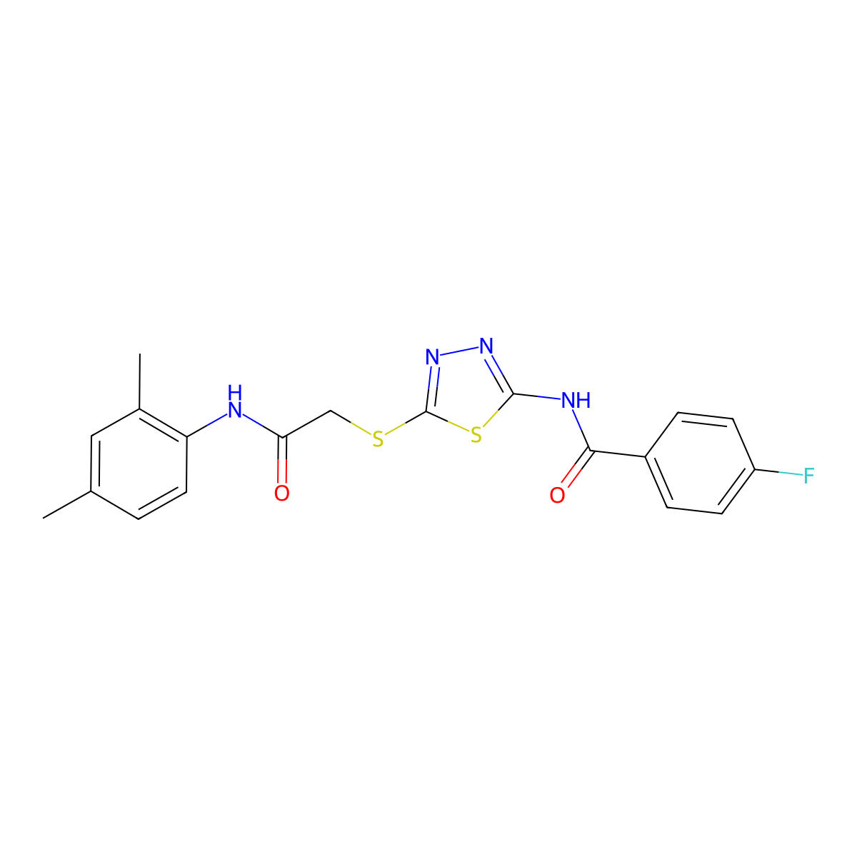 N-[5-[2-(2,4-dimethylanilino)-2-oxoethyl]sulfanyl-1,3,4-thiadiazol-2-yl]-4-fluorobenzamide molecular structure, CAS 392295-80-6