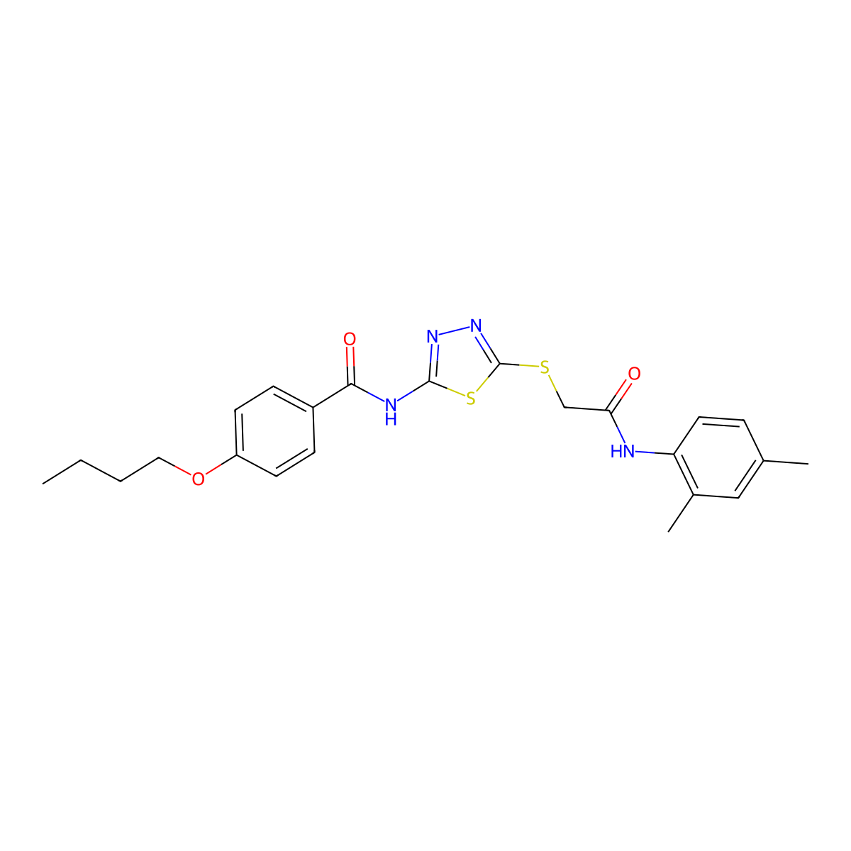 4-butoxy-N-(5-((2-((2,4-dimethylphenyl)amino)-2-oxoethyl)thio)-1,3,4-thiadiazol-2-yl)benzamide molecular structure, CAS 392295-85-1