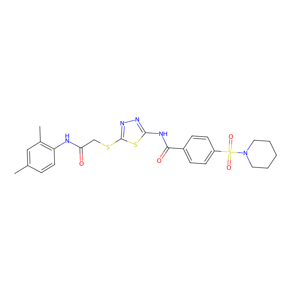 N-(5-((2-((2,4-dimethylphenyl)amino)-2-oxoethyl)thio)-1,3,4-thiadiazol-2-yl)-4-(piperidin-1-ylsulfonyl)benzamide molecular structure, CAS 392295-99-7
