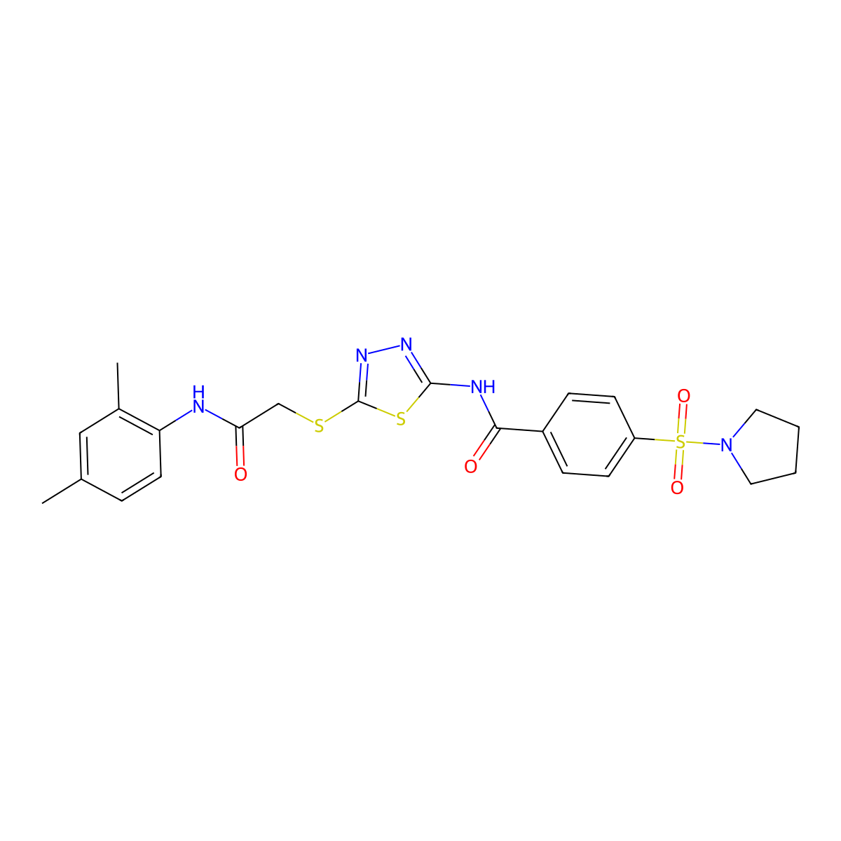 N-(5-((2-((2,4-dimethylphenyl)amino)-2-oxoethyl)thio)-1,3,4-thiadiazol-2-yl)-4-(pyrrolidin-1-ylsulfonyl)benzamide molecular structure, CAS 392296-04-7