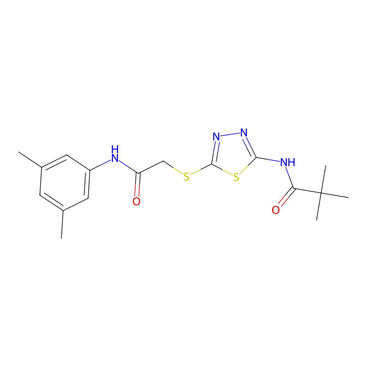 N-(5-((2-((3,5-dimethylphenyl)amino)-2-oxoethyl)thio)-1,3,4-thiadiazol-2-yl)pivalamide molecular structure, CAS 392296-07-0
