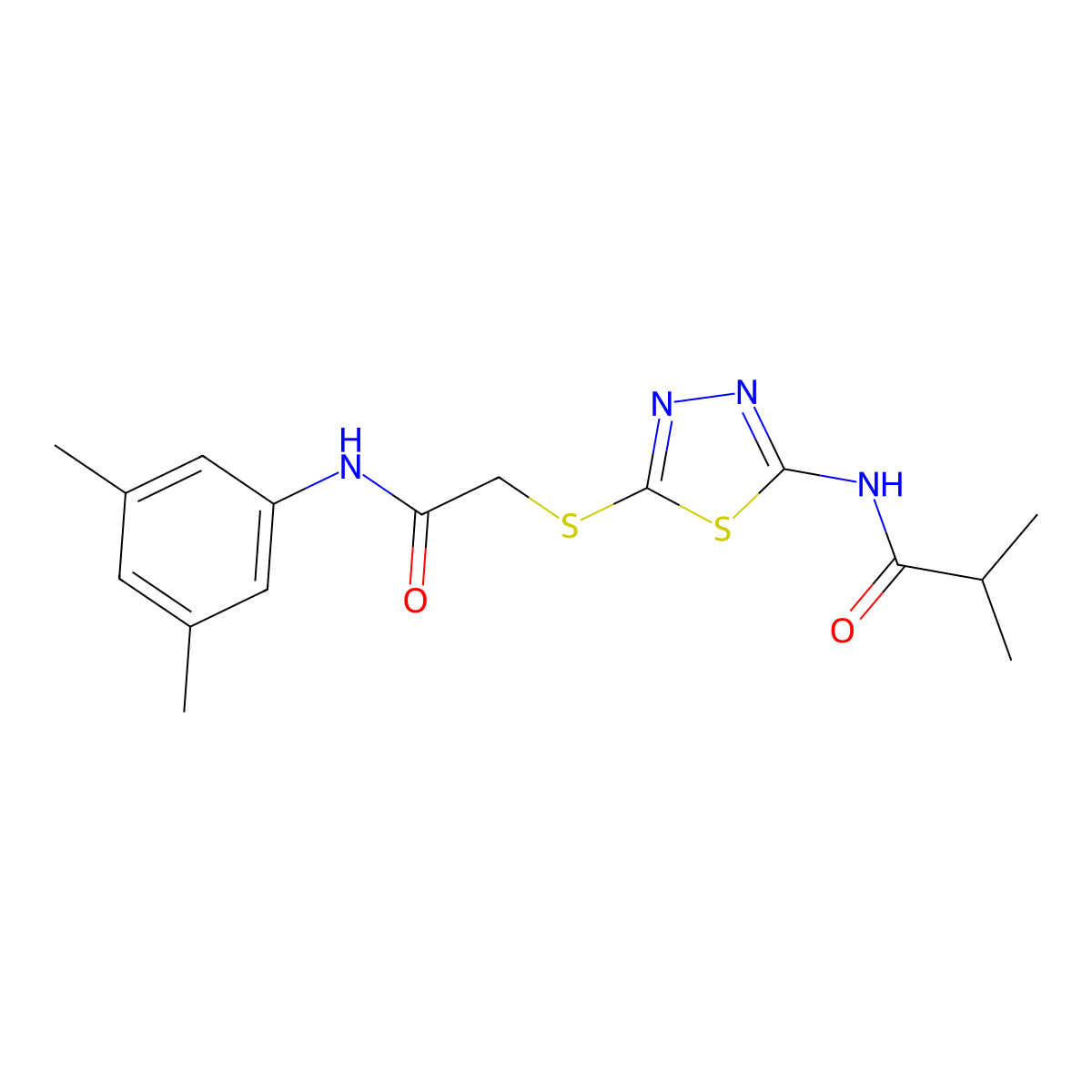 N-(5-((2-((3,5-dimethylphenyl)amino)-2-oxoethyl)thio)-1,3,4-thiadiazol-2-yl)isobutyramide molecular structure, CAS 392296-08-1