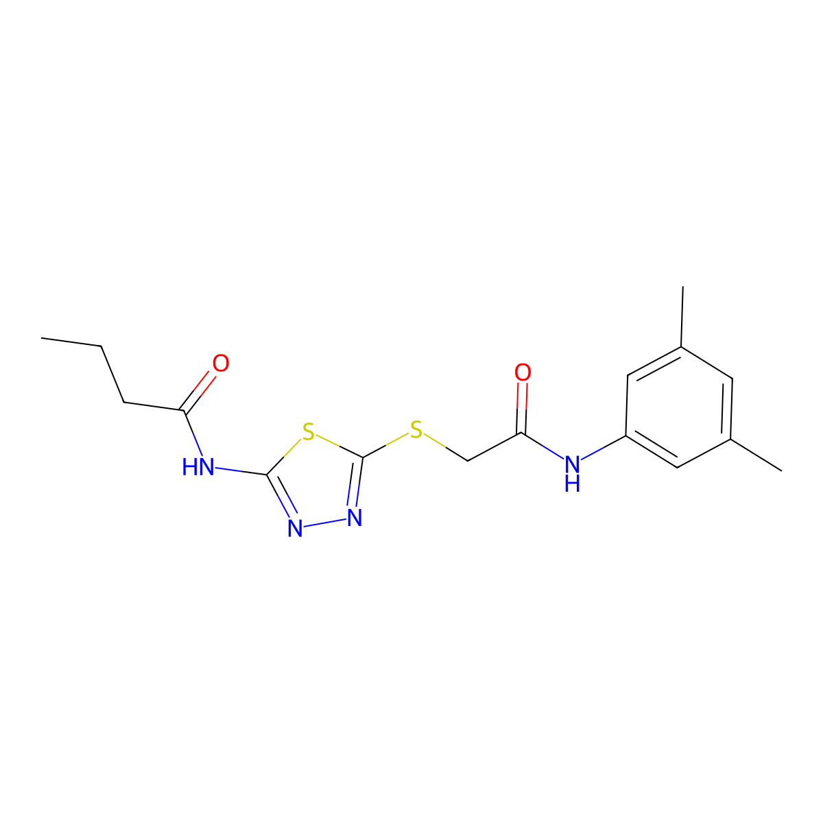 N-(5-((2-((3,5-dimethylphenyl)amino)-2-oxoethyl)thio)-1,3,4-thiadiazol-2-yl)butyramide molecular structure, CAS 392296-09-2