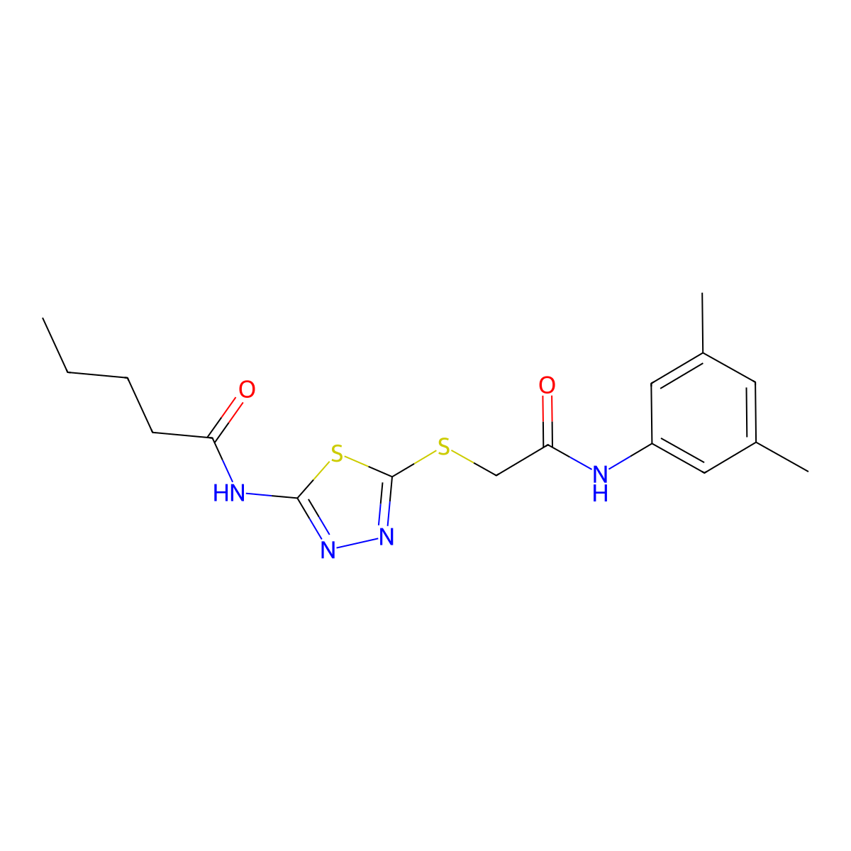 N-(5-((2-((3,5-dimethylphenyl)amino)-2-oxoethyl)thio)-1,3,4-thiadiazol-2-yl)pentanamide molecular structure, CAS 392296-11-6