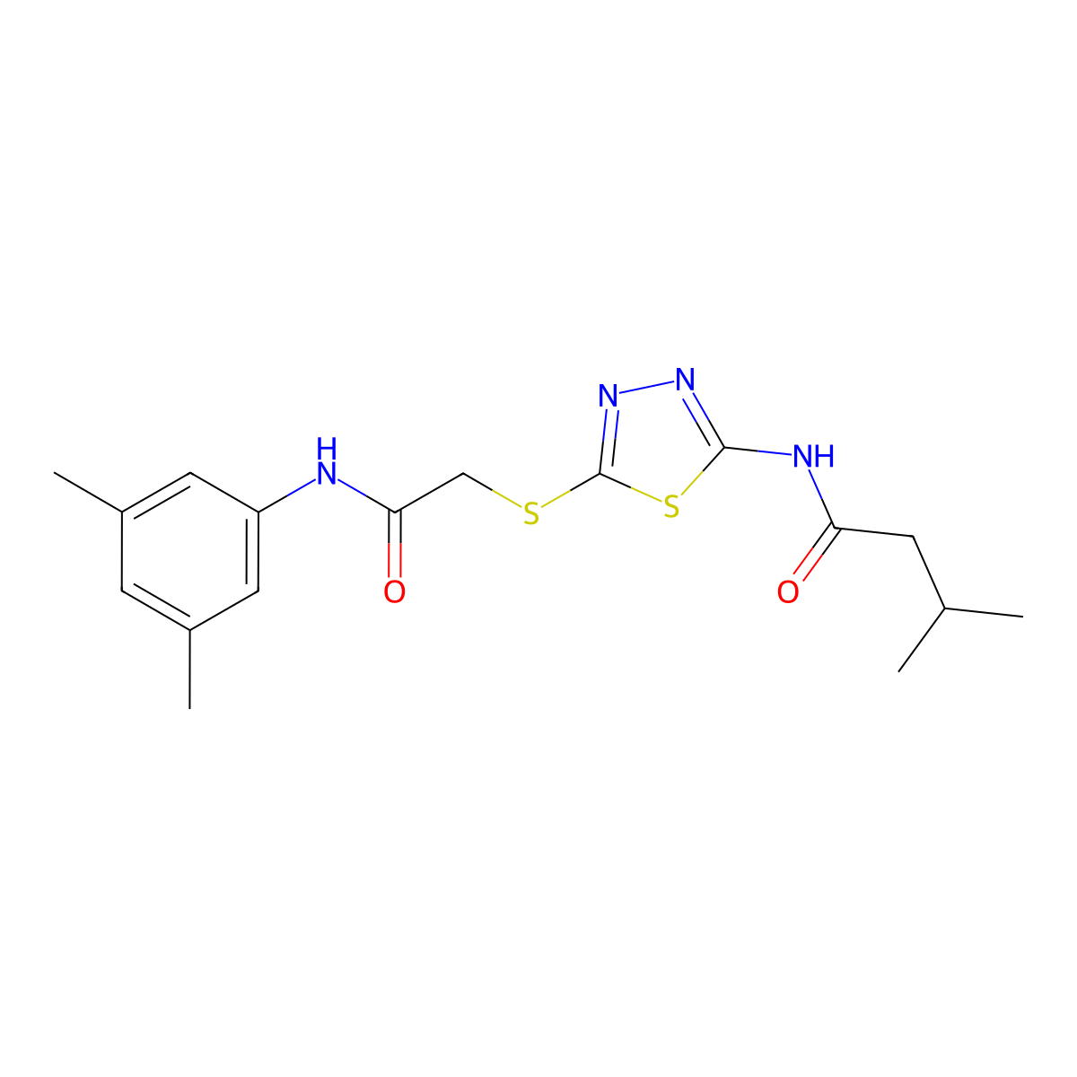 N-(5-((2-((3,5-dimethylphenyl)amino)-2-oxoethyl)thio)-1,3,4-thiadiazol-2-yl)-3-methylbutanamide molecular structure, CAS 392296-12-7