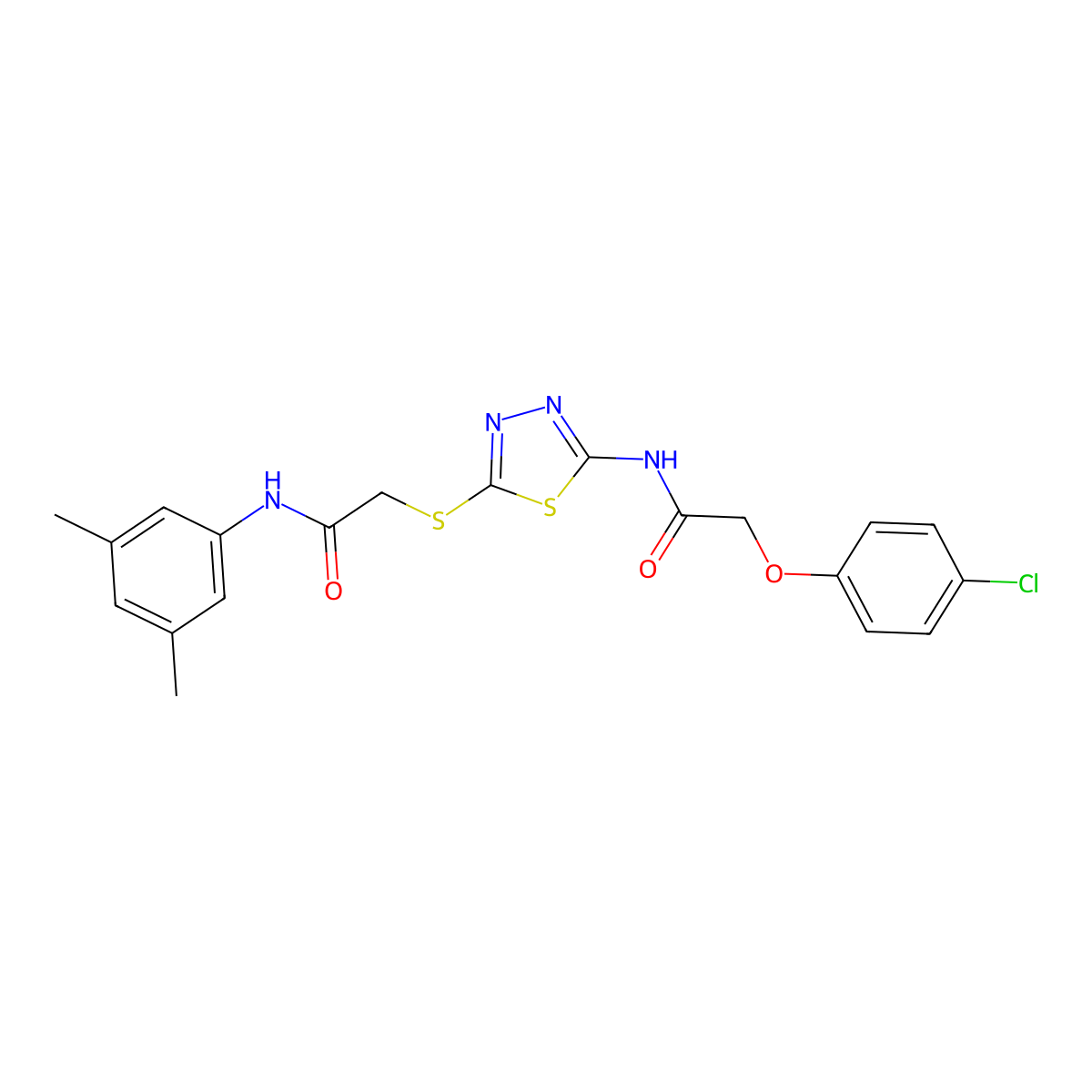 2-(4-chlorophenoxy)-N-[5-[2-(3,5-dimethylanilino)-2-oxoethyl]sulfanyl-1,3,4-thiadiazol-2-yl]acetamide molecular structure, CAS 392296-14-9