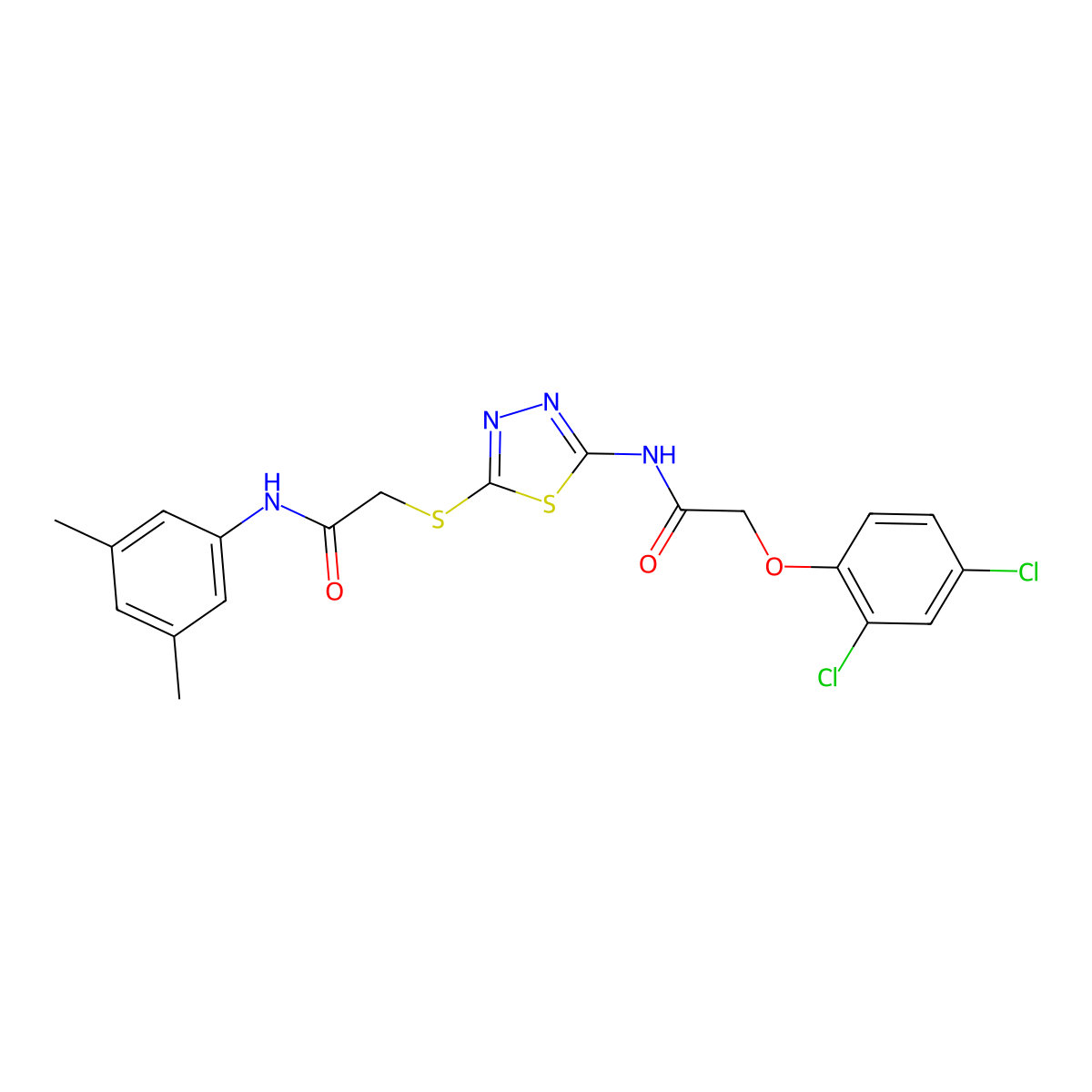 2-(2,4-dichlorophenoxy)-N-(5-((2-((3,5-dimethylphenyl)amino)-2-oxoethyl)thio)-1,3,4-thiadiazol-2-yl)acetamide molecular structure, CAS 392296-15-0