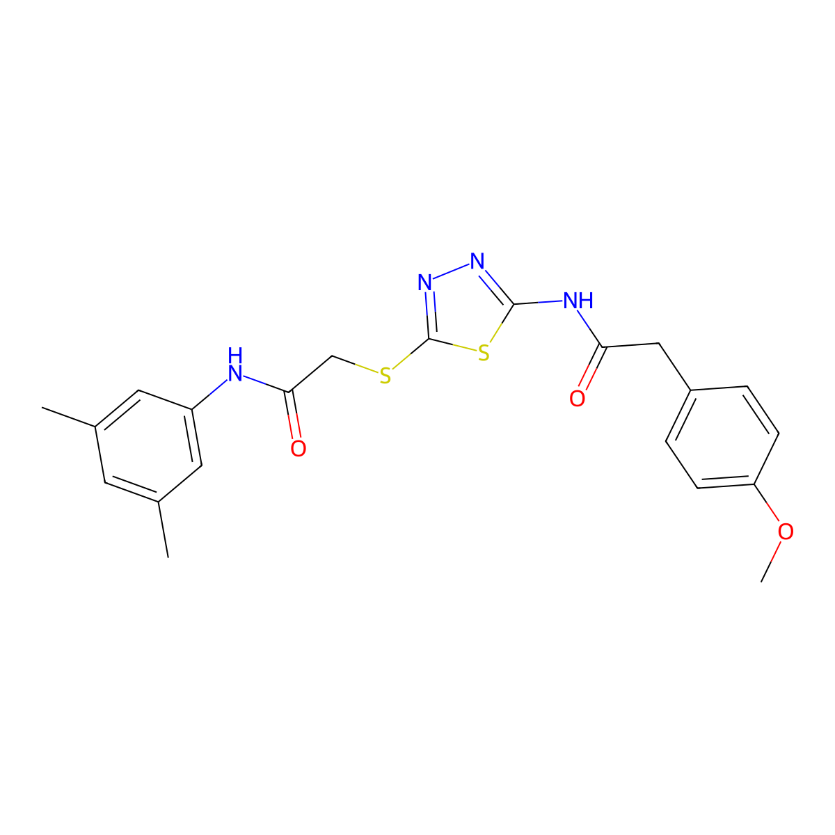 N-(3,5-dimethylphenyl)-2-((5-(2-(4-methoxyphenyl)acetamido)-1,3,4-thiadiazol-2-yl)thio)acetamide molecular structure, CAS 392296-17-2