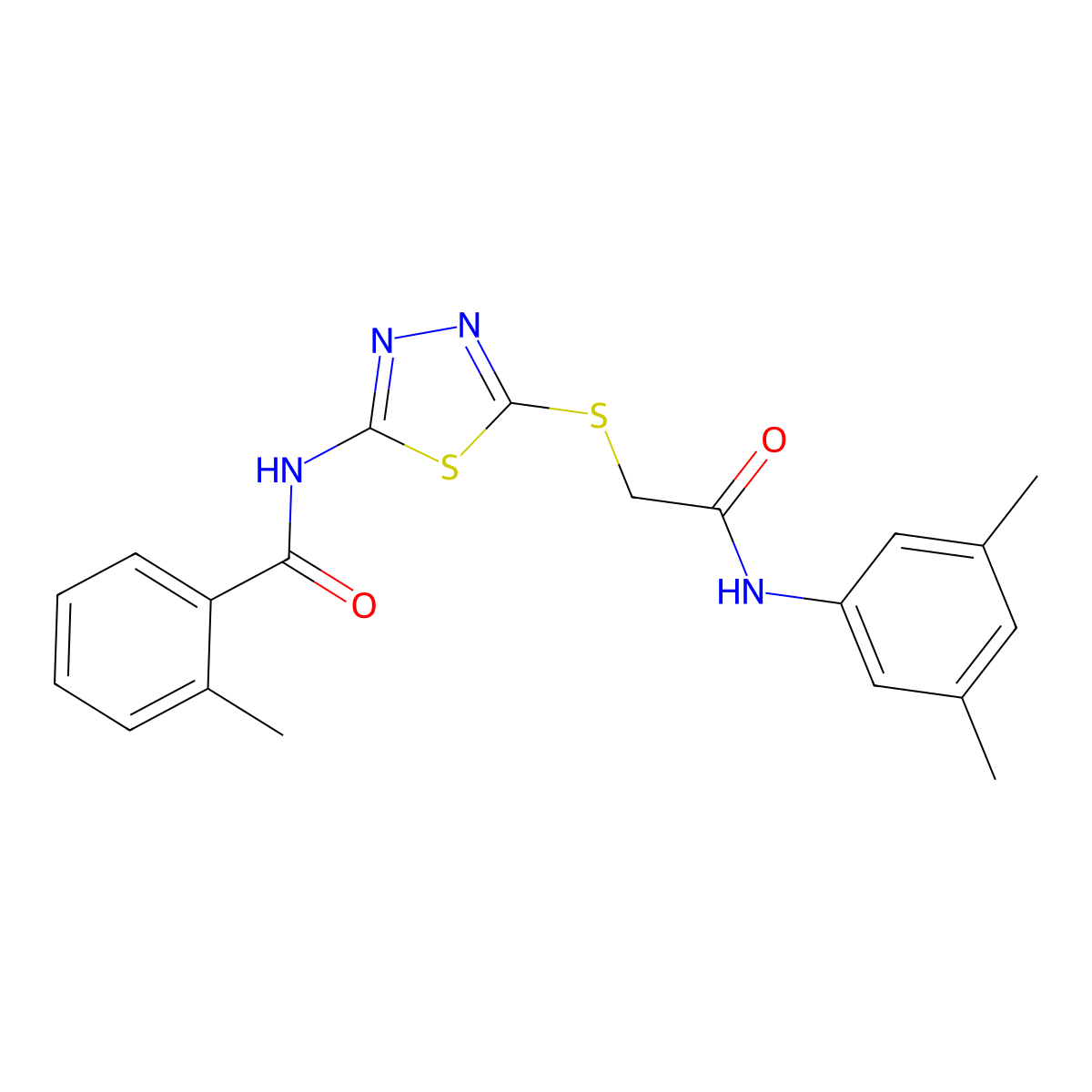 N-(5-((2-((3,5-dimethylphenyl)amino)-2-oxoethyl)thio)-1,3,4-thiadiazol-2-yl)-2-methylbenzamide molecular structure, CAS 392296-25-2