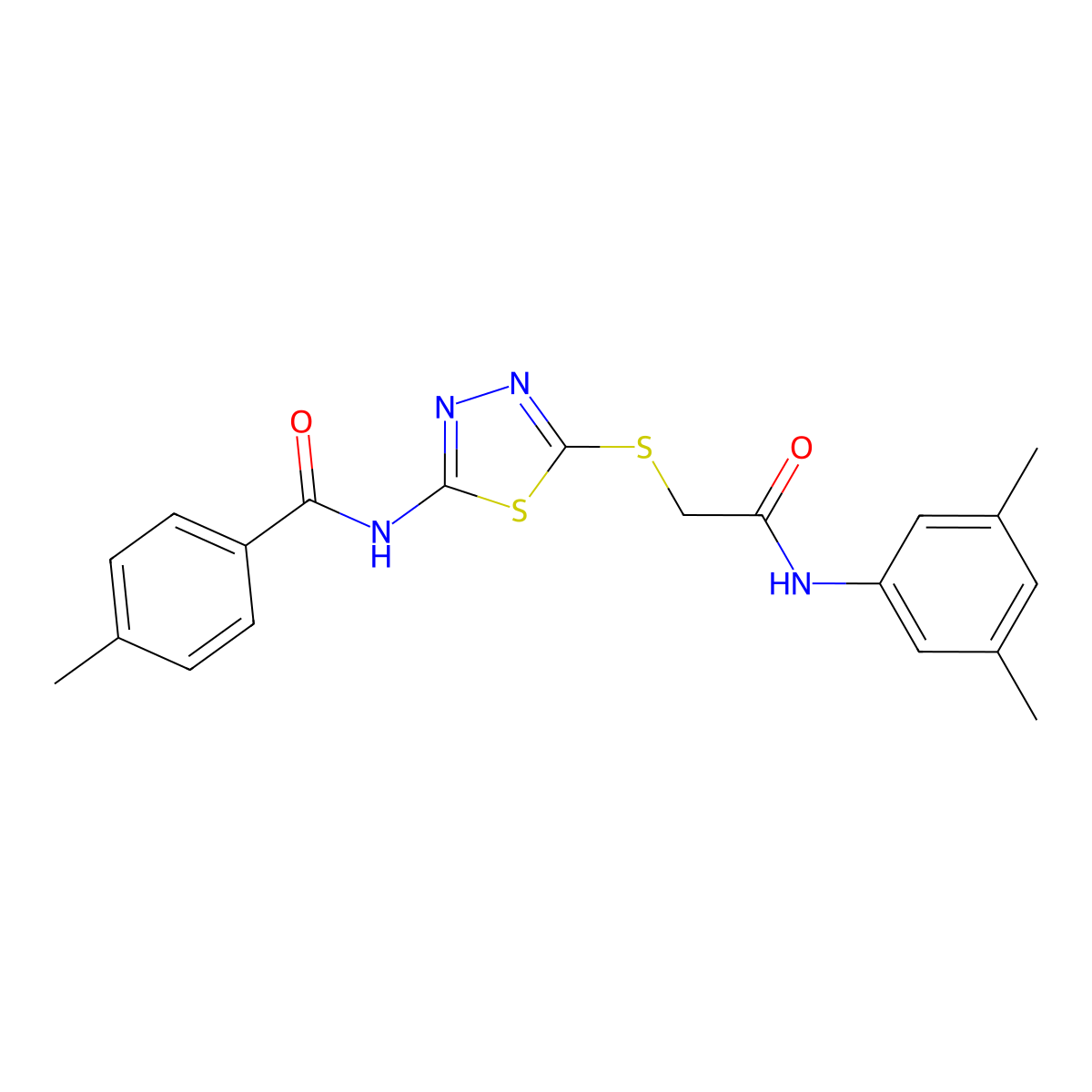 N-(5-((2-((3,5-dimethylphenyl)amino)-2-oxoethyl)thio)-1,3,4-thiadiazol-2-yl)-4-methylbenzamide molecular structure, CAS 392296-27-4