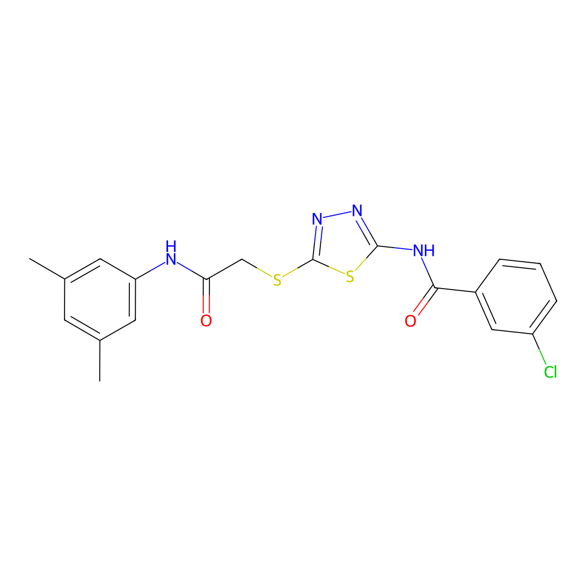 3-chloro-N-(5-((2-((3,5-dimethylphenyl)amino)-2-oxoethyl)thio)-1,3,4-thiadiazol-2-yl)benzamide molecular structure, CAS 392296-29-6