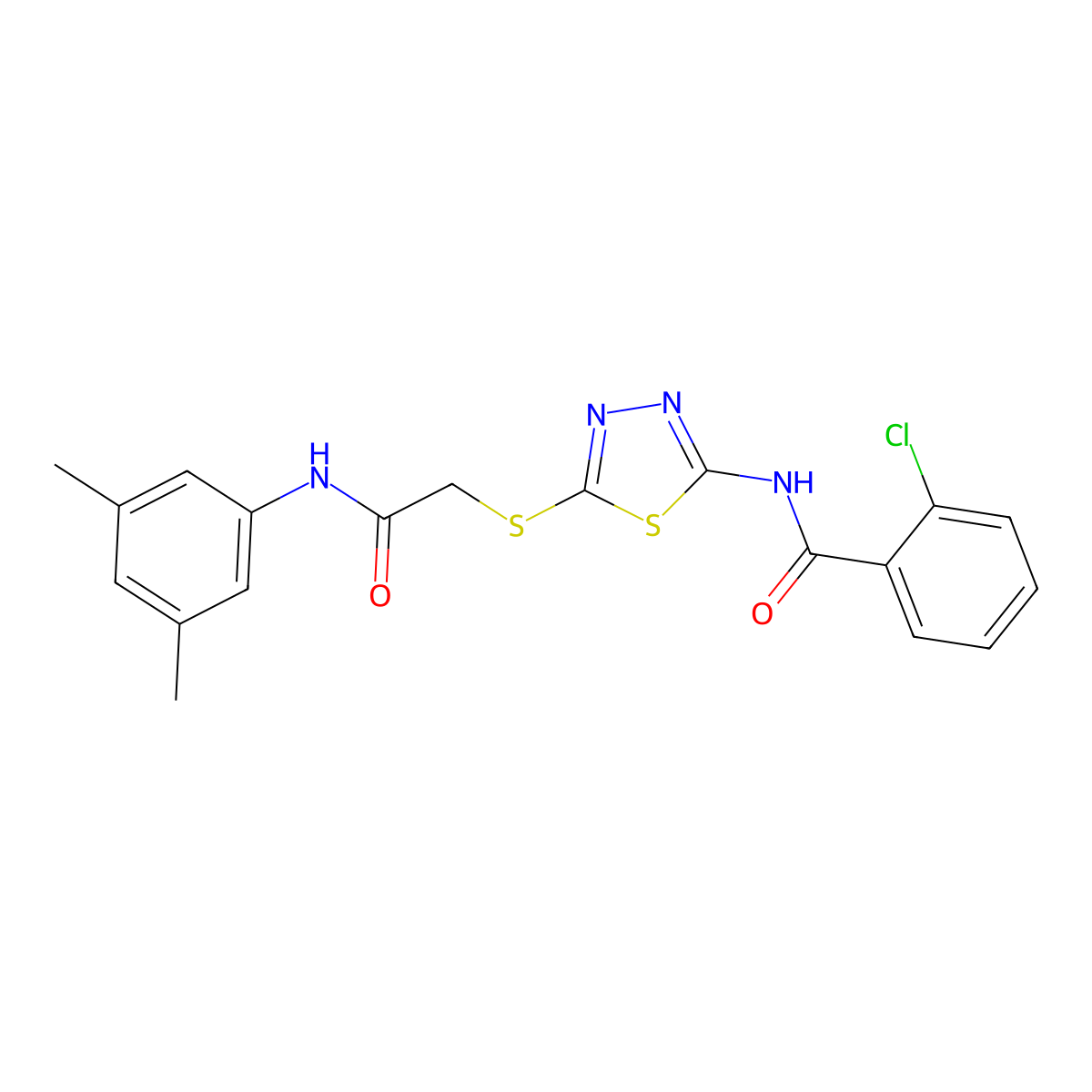 2-chloro-N-[5-[2-(3,5-dimethylanilino)-2-oxoethyl]sulfanyl-1,3,4-thiadiazol-2-yl]benzamide molecular structure, CAS 392296-30-9