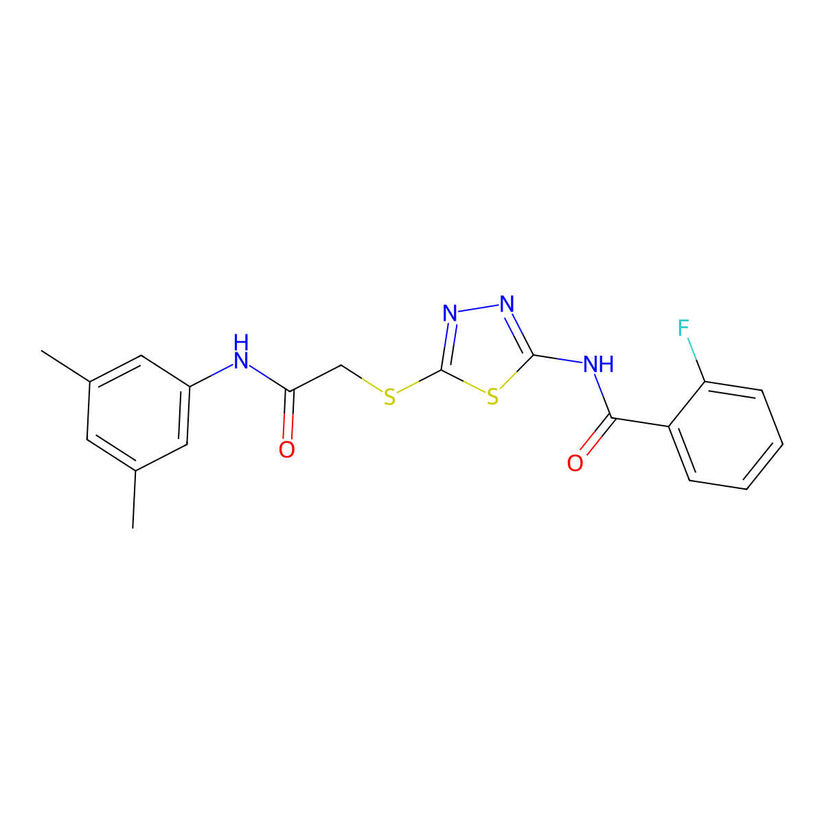 N-(5-((2-((3,5-dimethylphenyl)amino)-2-oxoethyl)thio)-1,3,4-thiadiazol-2-yl)-2-fluorobenzamide molecular structure, CAS 392296-40-1